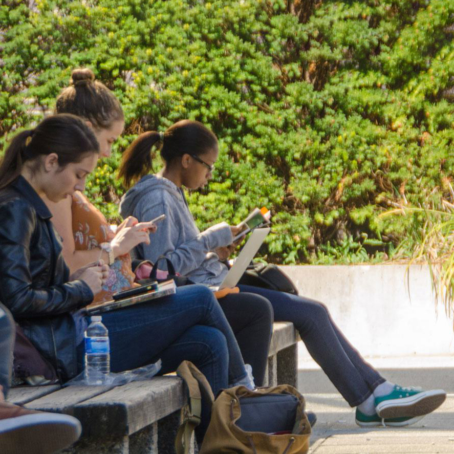 Students sitting on bench on U of T campus