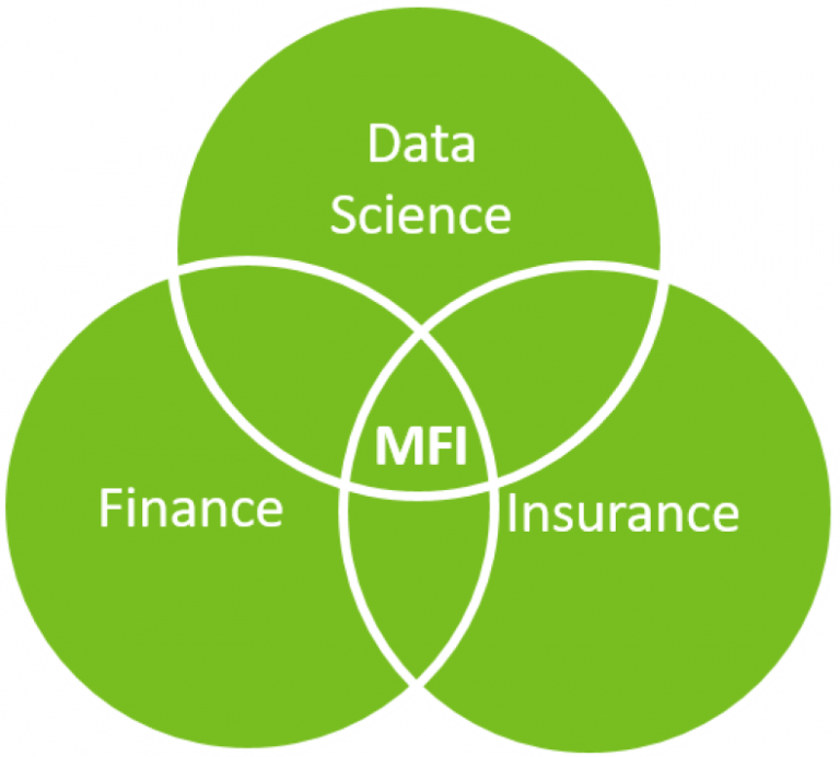 A circle of Data Science, a circle of Finance, a circle of Insurance, &amp; MFI in the middle