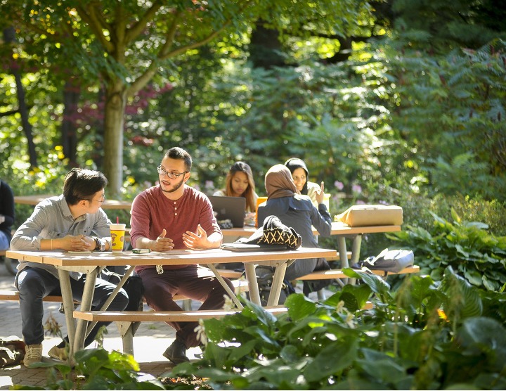 Two students sitting outside in a conversation